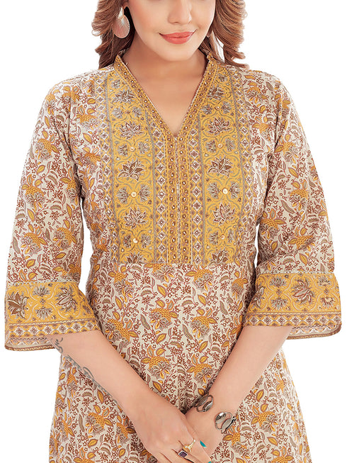 Amchoor Yellow Cotton Floral Print Kurti Set for Women's