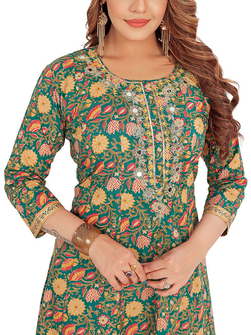Amchoor Green Cotton Floral Print Kurti Set for Women's