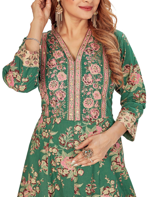 Amchoor Green Cotton Floral Print Kurti Set for Women's