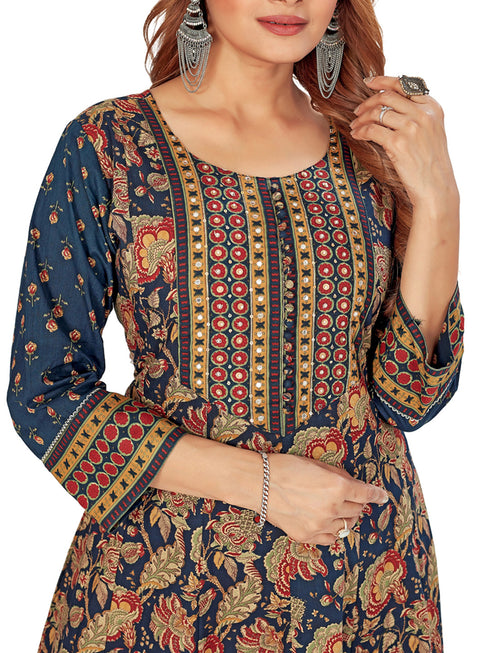 Amchoor Blue Cotton Floral Print Kurti Set for Women's