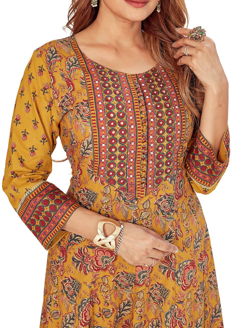 Amchoor Yellow Cotton Floral Print Kurti Set for Women's