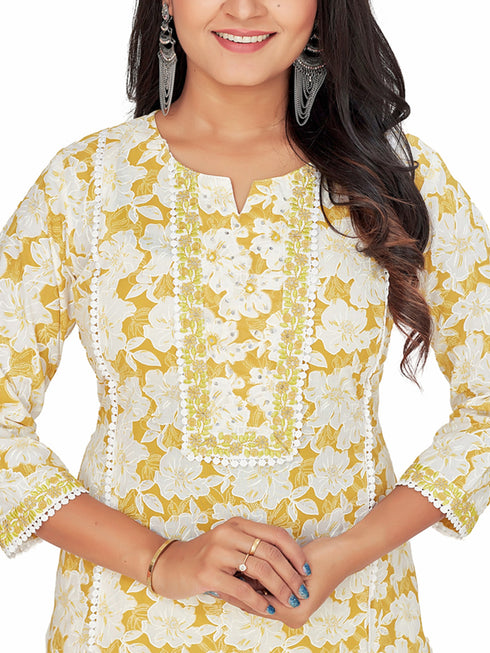 Amchoor Musturd Cotton Floral Print KURTI SET for Women's
