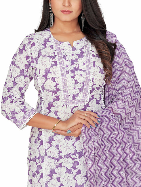 Amchoor Purple Cotton Floral Print KURTI SET for Women's