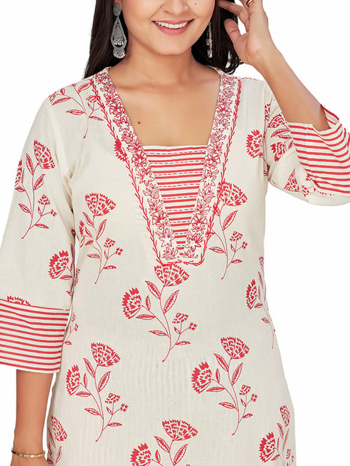 Amchoor Red Cotton Floral Print KURTI SET for Women's