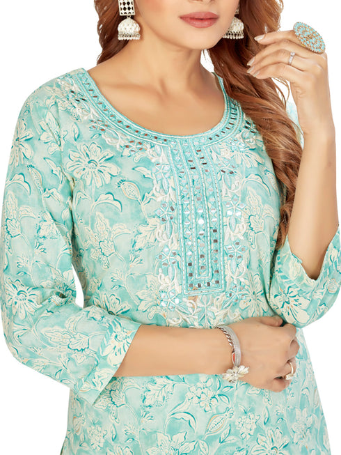 Amchoor Aqua Cotton Floral Print Kurti Set for Women's