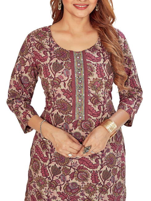 Amchoor Maroon Cotton Floral Print Kurti Set for Women's