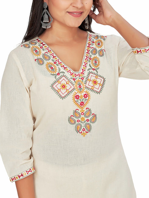 Amchoor Cream Cotton Embroidered KURTI SET for Women's