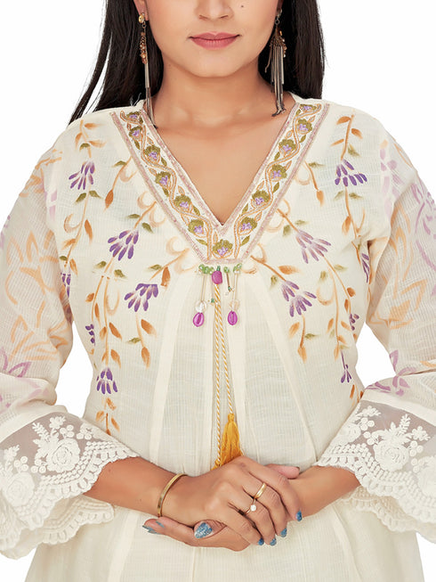 Amchoor Yellow Cotton Floral Print KURTI SET for Women's
