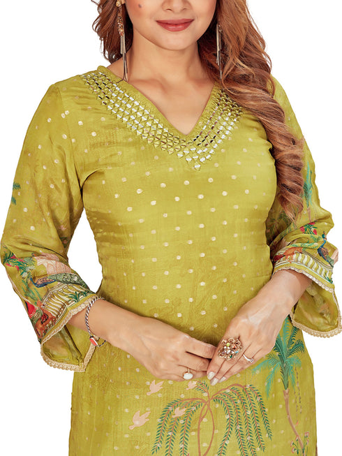 Amchoor Green with Golden Polka Dot Zari Patterned Cotton Kurti Set for Women's