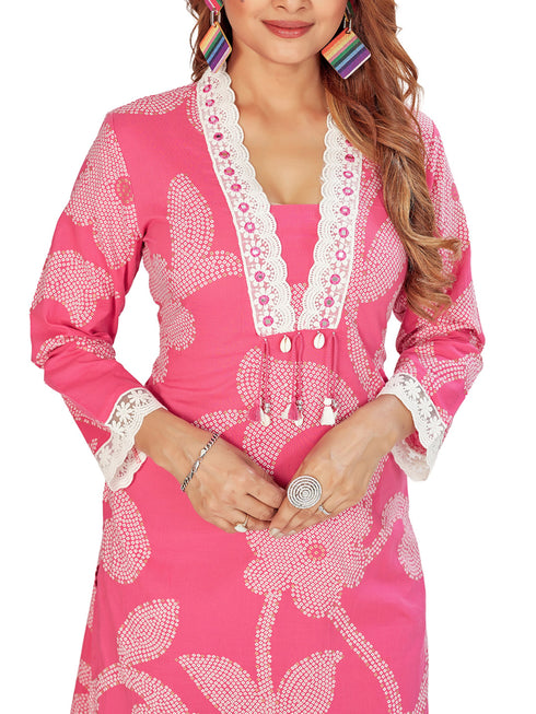 Amchoor Pink Cotton Bandhani Print Kurti Set for Women's