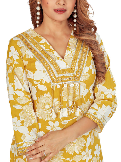 Amchoor Mustard Cotton Floral Print Kurti Set for Women's