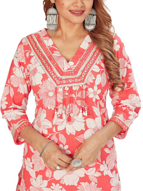 Amchoor Red Cotton Floral Print Kurti Set for Women's