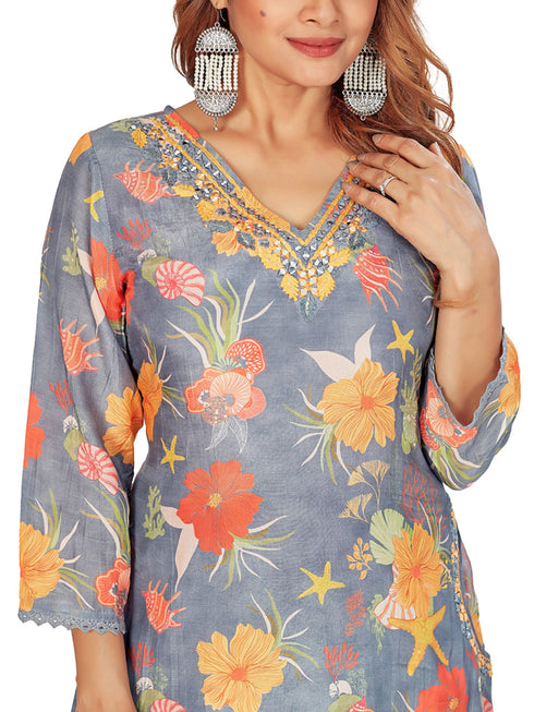 Amchoor Grey Muslin Floral Print Kurti Set for Women's
