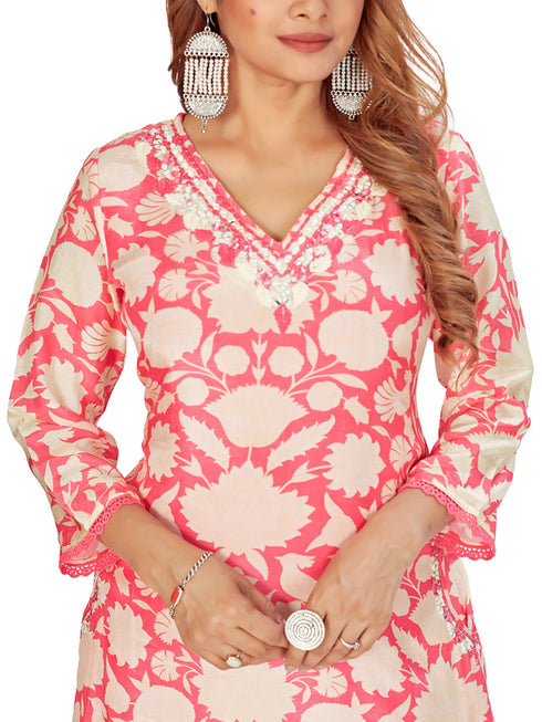 Amchoor Pink Muslin Floral Print Kurti Set for Women's