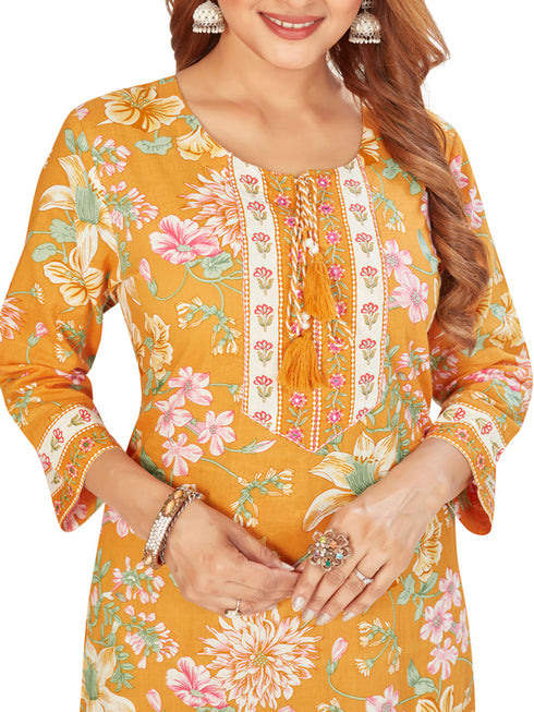 Amchoor Mustard Cotton Floral Print Kurti Set for Women's