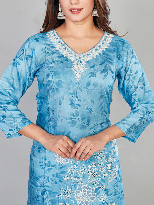 Amchoor Blue Muslin Floral Print KURTI SET for Women's