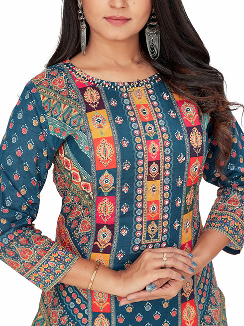 Amchoor Blue Cotton Ajrakh Print KURTI SET for Women's