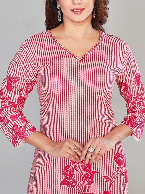 Amchoor Pink Cotton Floral Print KURTI SET for Women's