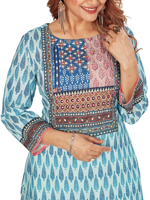 Amchoor Teal Cotton Digital Print Kurti Set for Women's