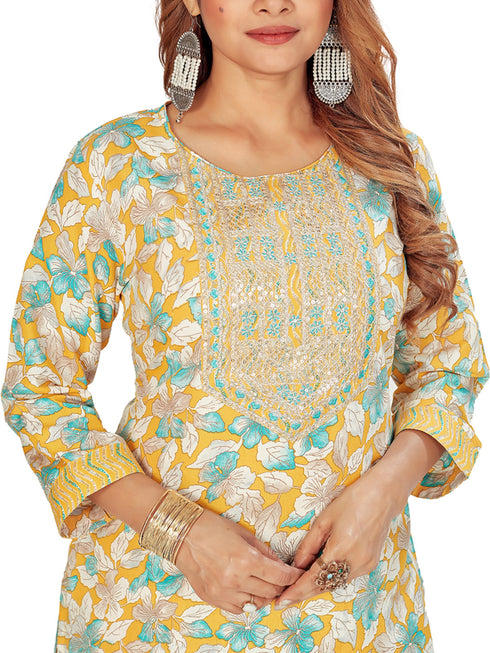 Amchoor Yellow Cotton Floral Print Kurti Set for Women's