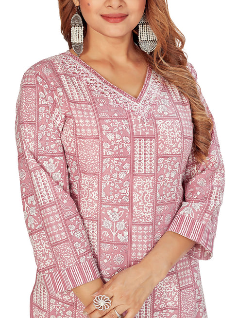 Amchoor Mauve Cotton Ethnic Motifs Kurti Set for Women's