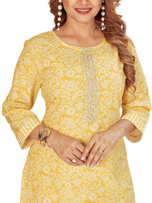 Amchoor Yellow Cotton Floral Print Kurti Set for Women's