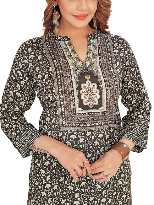 Amchoor Black Viscose Silk Floral Print Kurti Set for Women's