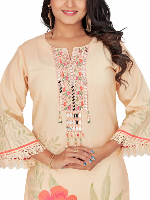 Amchoor Peach Cotton Floral Print KURTI SET for Women's