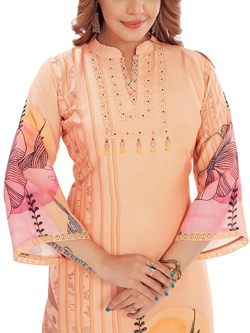 Amchoor Peach Cotton Floral Print Kurti Set for Women's
