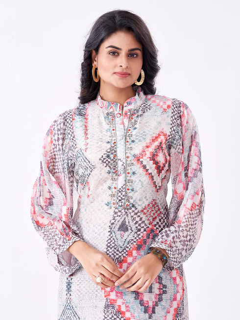 Amchoor Grey Muslin Digital Prints Kurti Pant Set for Womens
