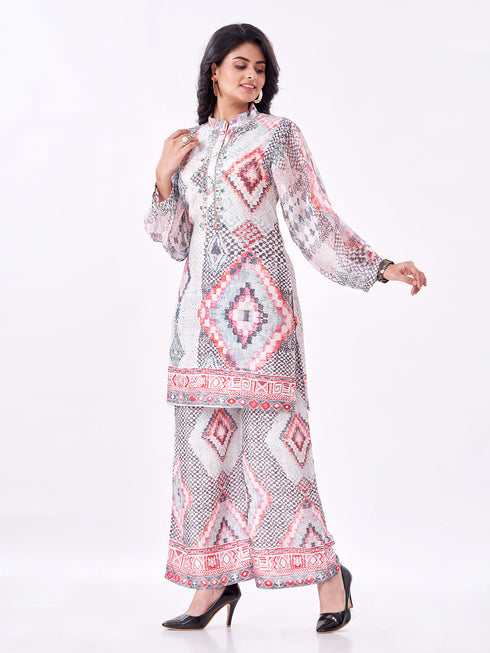 Amchoor Grey Muslin Digital Prints Kurti Pant Set for Womens