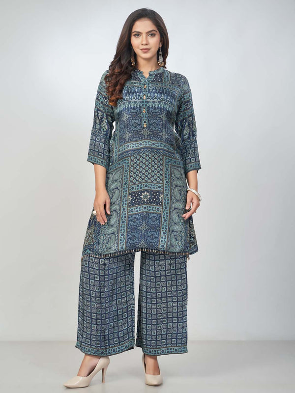 Amchoor Blue Crepe Digital Prints Kurta and Trouser Set for Womens