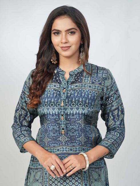 Amchoor Blue Crepe Digital Prints Kurta and Trouser Set for Womens