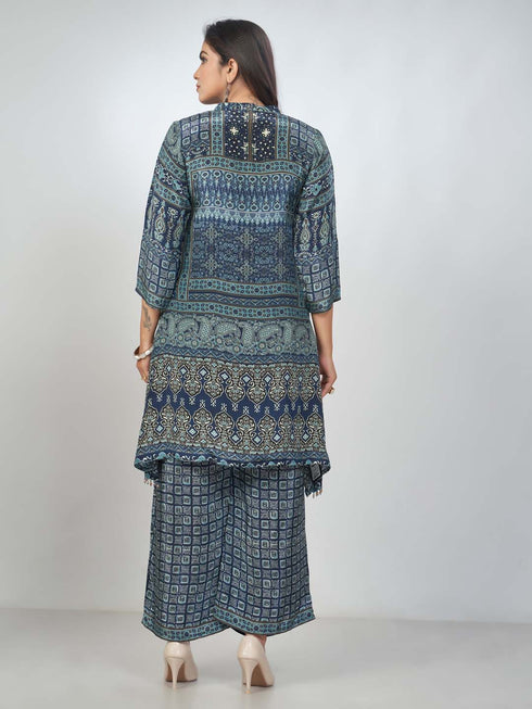 Amchoor Blue Crepe Digital Prints Kurta and Trouser Set for Womens
