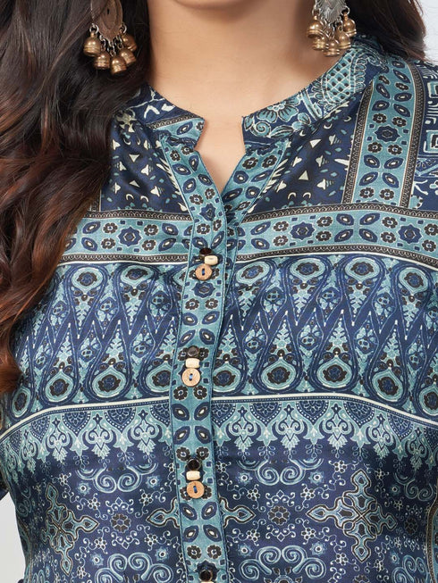 Amchoor Blue Crepe Digital Prints Kurta and Trouser Set for Womens
