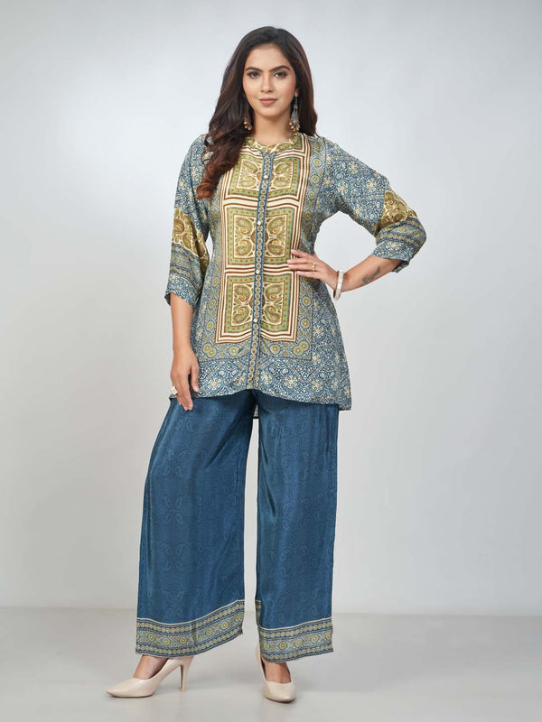 Amchoor Blue Crepe Digital Prints Kurta and Trouser Set for Womens