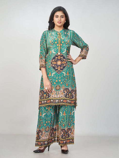 Amchoor Green Crepe Floral Kurti Pant Set for Womens