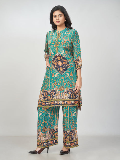 Amchoor Green Crepe Floral Kurti Pant Set for Womens