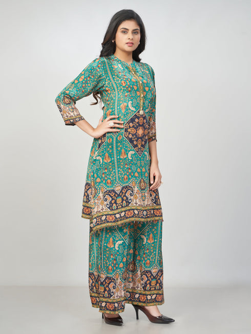 Amchoor Green Crepe Floral Kurti Pant Set for Womens