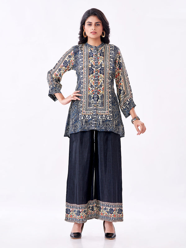 Amchoor Blue Crepe Digital Prints Kurti Pant Set for Womens
