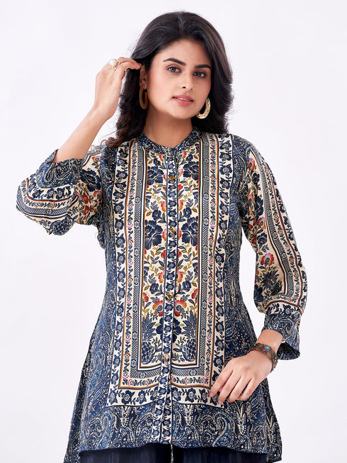 Amchoor Blue Crepe Digital Prints Kurti Pant Set for Womens