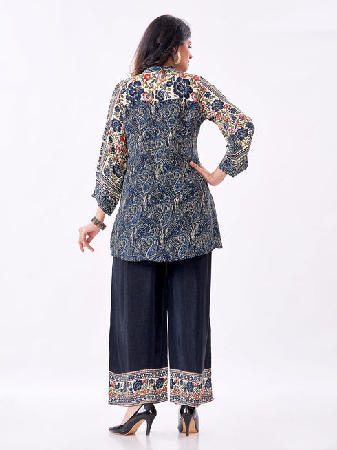 Amchoor Blue Crepe Digital Prints Kurti Pant Set for Womens
