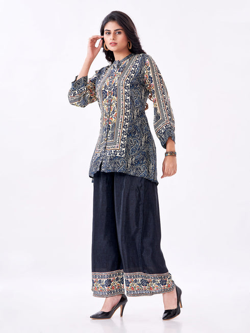 Amchoor Blue Crepe Digital Prints Kurti Pant Set for Womens