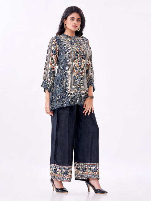 Amchoor Blue Crepe Digital Prints Kurti Pant Set for Womens