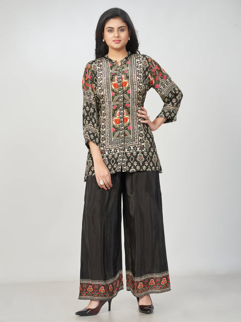Amchoor Black Crepe Floral Kurti Pant Set for Womens