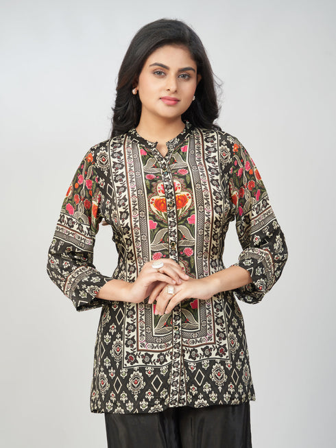 Amchoor Black Crepe Floral Kurti Pant Set for Womens