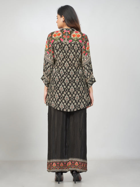 Amchoor Black Crepe Floral Kurti Pant Set for Womens