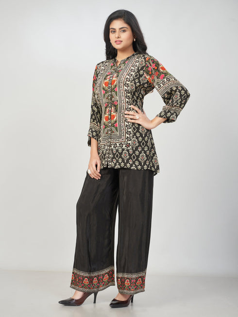 Amchoor Black Crepe Floral Kurti Pant Set for Womens