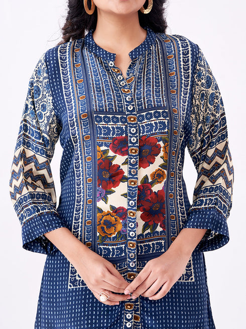 Amchoor Blue Crepe Digital Prints Kurti Pant Set for Womens