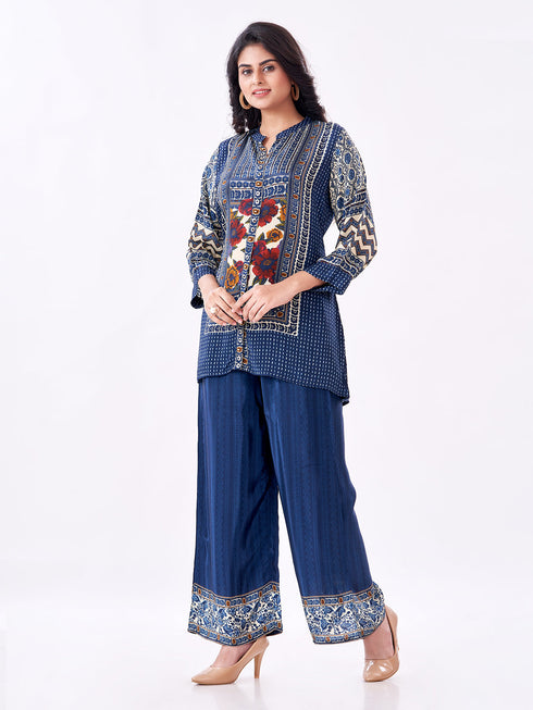 Amchoor Blue Crepe Digital Prints Kurti Pant Set for Womens